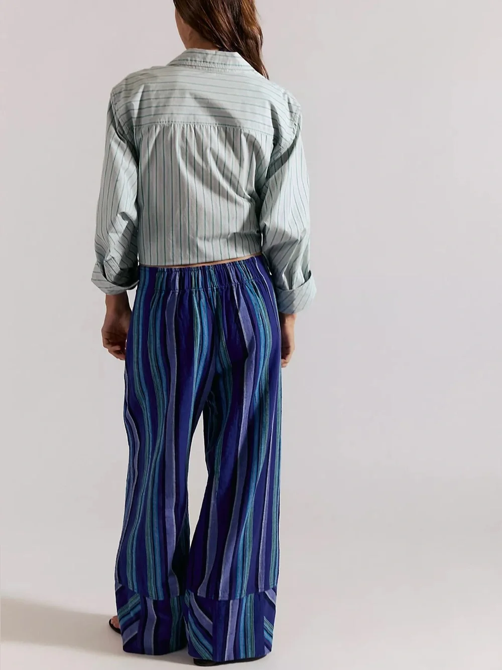 Free People Day’s End Linen Striped Pull on Pants in Navy Combo - M